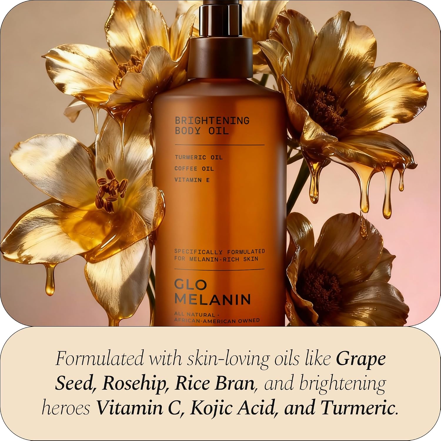 Glo Melanin Brightening Body Oil – Topical Moisturizer With Vitamin C, Kojic Acid & Turmeric – Lightweight Hydrating Cosmetic Oil For Melanin-Rich Skin (8 Oz / 230 Ml)