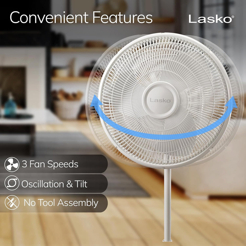Lasko Oscillating Pedestal Fan - Cooling Standing Fan For Bedroom, Living Room, And Home Office - Adjustable Height - 3 Quiet Speeds - 2520 - 16" Blade Diameter - White