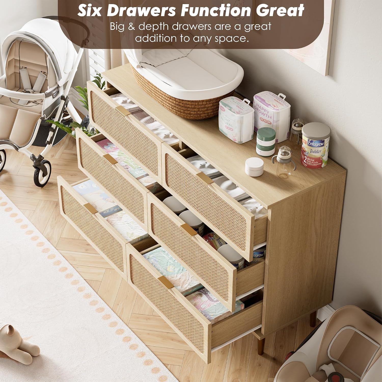 Garveehome Rattan 6 Drawer Dresser For Bedroom, Large Double Dresser With Deep Drawers, Wooden Chest Of Drawers For Closet With Wide Top, For Living Room, Hallway, Kids Room, Natural