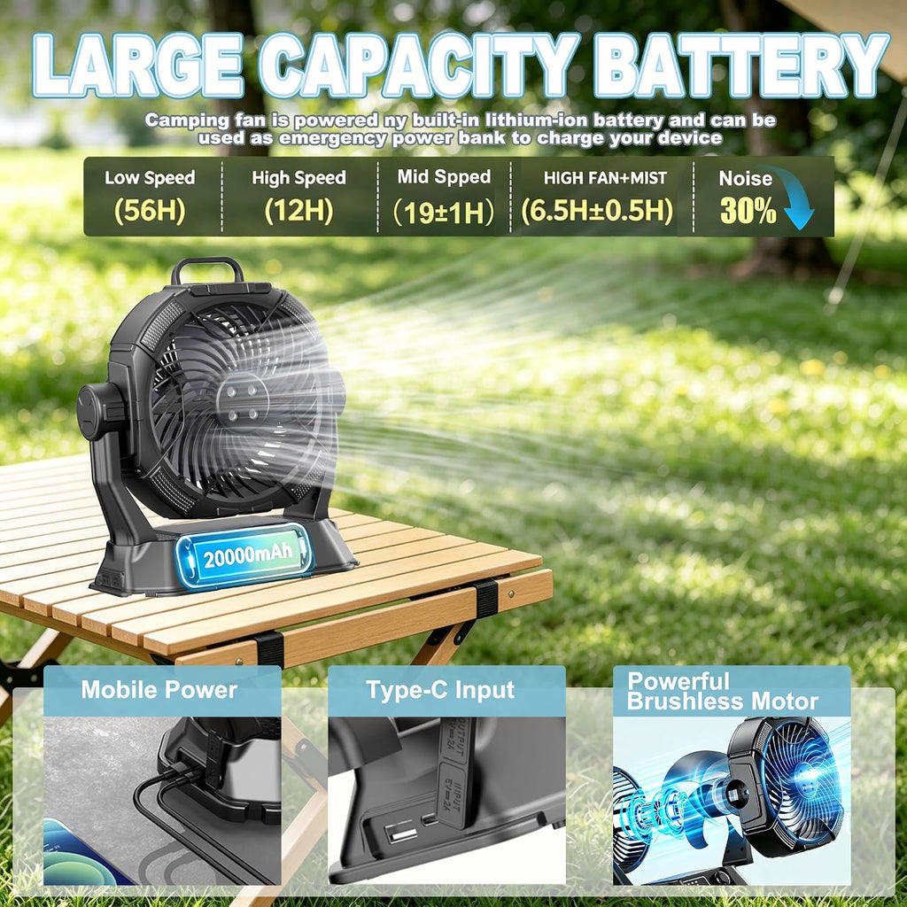 Portable Misting Fan 20000Mah Rechargeable Battery, 6L Bucket Outdoor Mist Fans Patios Cooling, Camping Fan With Led Light Modes & Stepless Speed Control, 4 Spray Mister, Timer Function(Black)