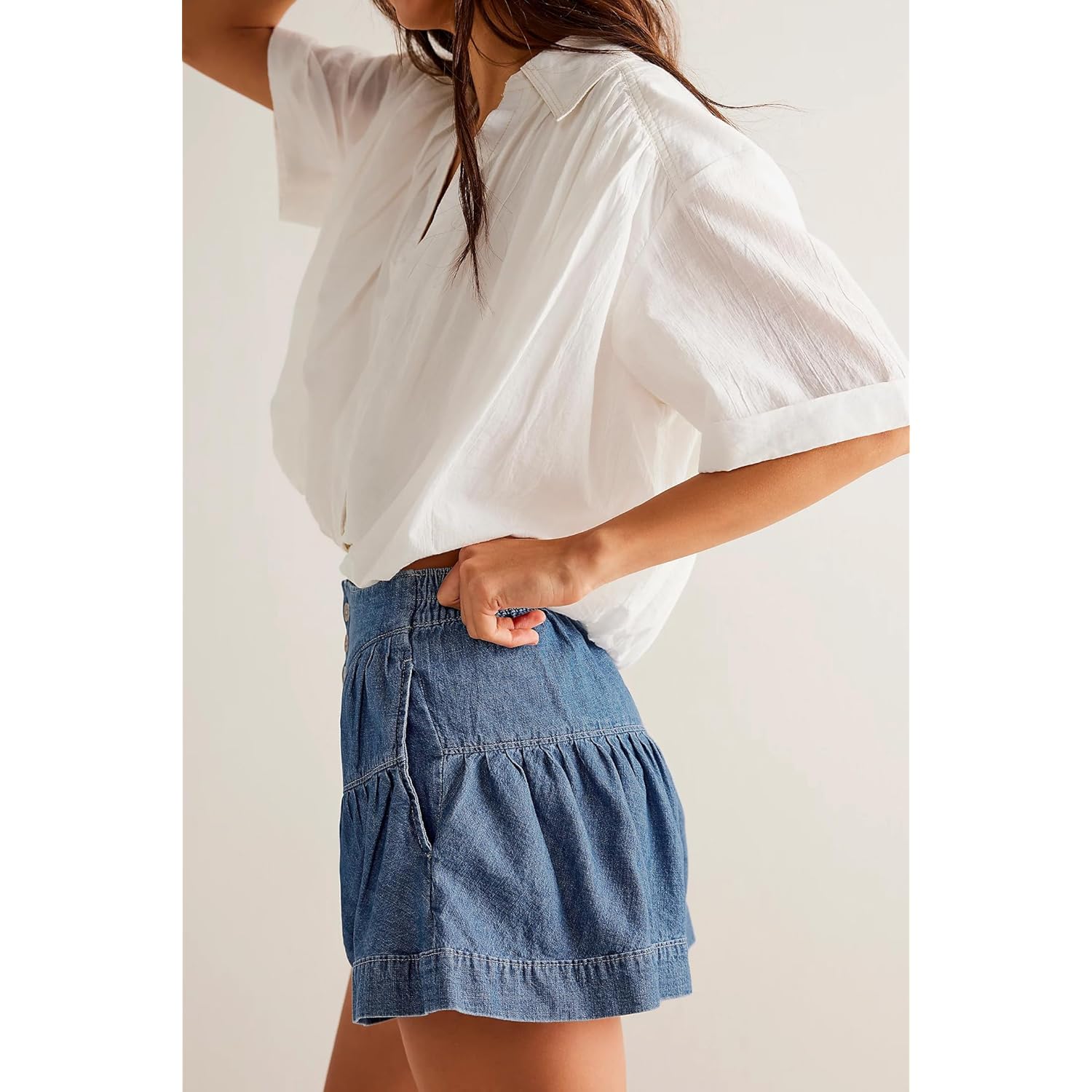 Womens Summer Flowy Jean Shorts Button Up High Waisted Wide Leg Denim Skort with Pockets
