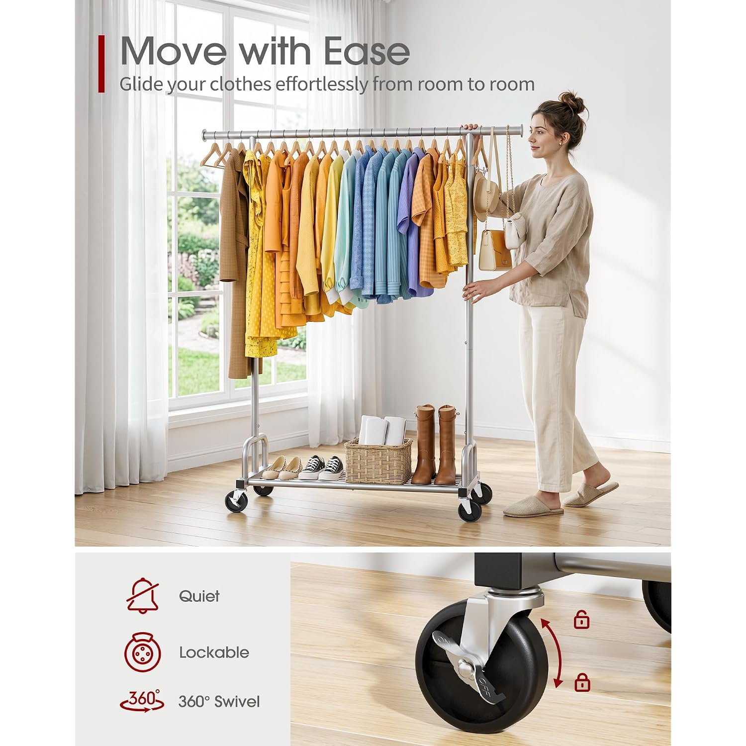 Clothes Rack - Large-Capacity Clothing Racks For Hanging Clothes With Lockable Wheels, Space-Saving Metal Coat Rack For Bedroom, Laundry Room, Entryway, 45.6" X 16.9" X 59", Silver