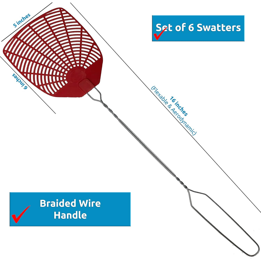 W4W, Bug & Fly Swatter Metal Handle 6 Pack Fly Swatters Indoor/Outdoor Flyswatter