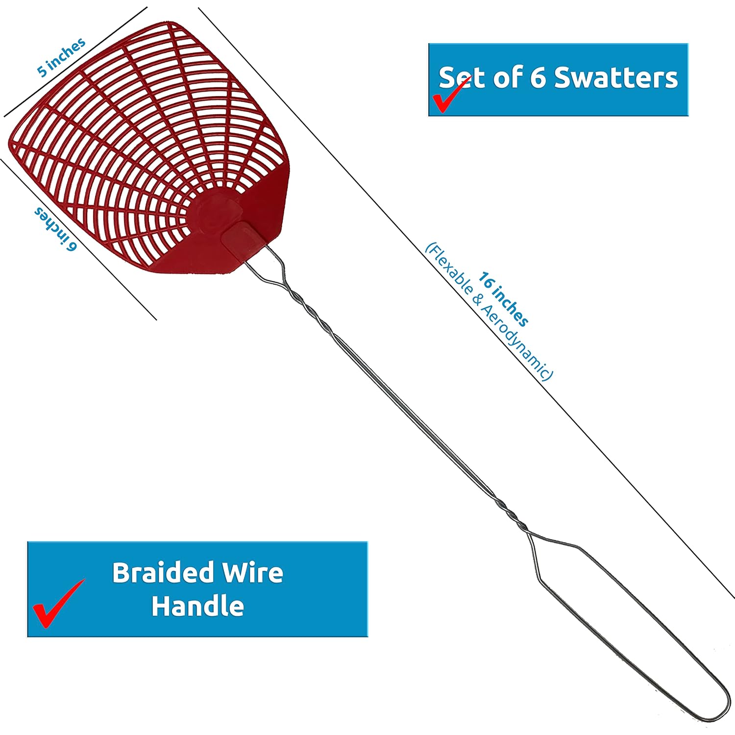 W4W, Bug & Fly Swatter Metal Handle 6 Pack Fly Swatters Indoor/Outdoor Flyswatter
