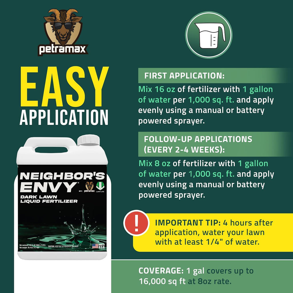 Petramax Neighbor’S Envy Grass Fertilizer For Lawn & Garden, 1 Gallon Covers Up To 16,000 Sq.Ft. 7-In-1 Liquid Lawn Fertilizer Concentrate For Deep Green Turf - Includes Nitrogen/Iron/Humic/Sea Kelp