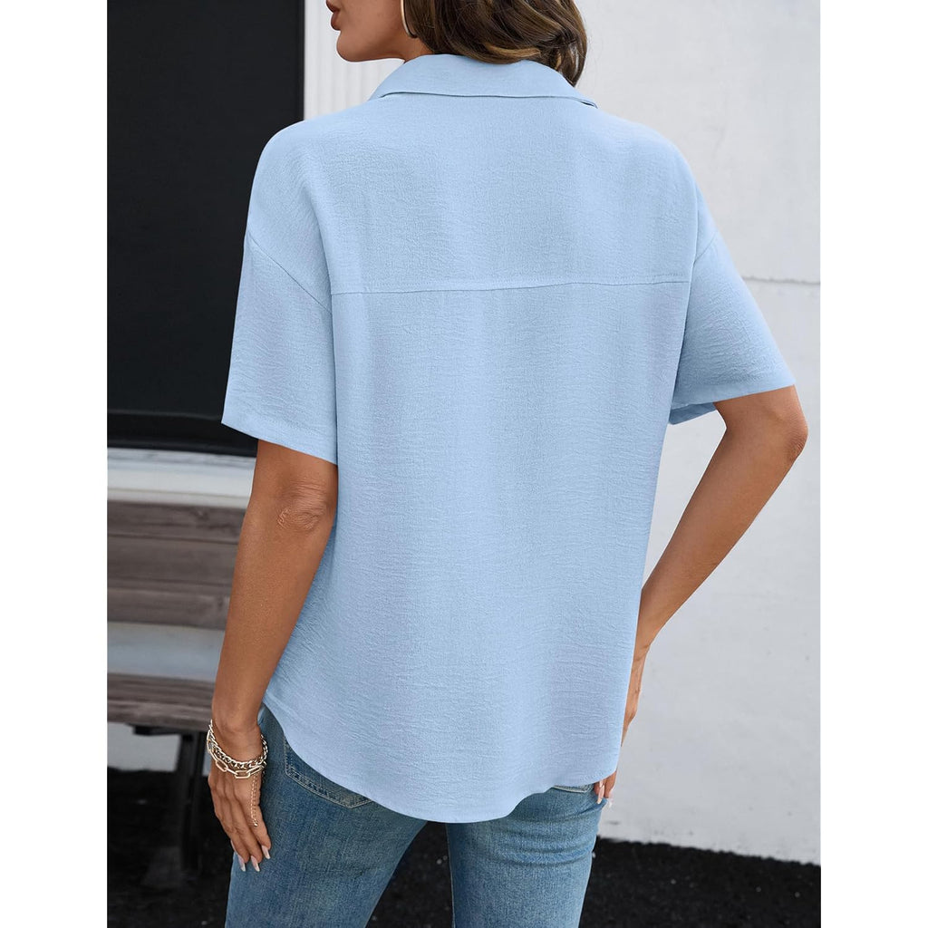 Womens Short Sleeve Button Down Shirts Casual V Neck Collared Blouses Work Tops