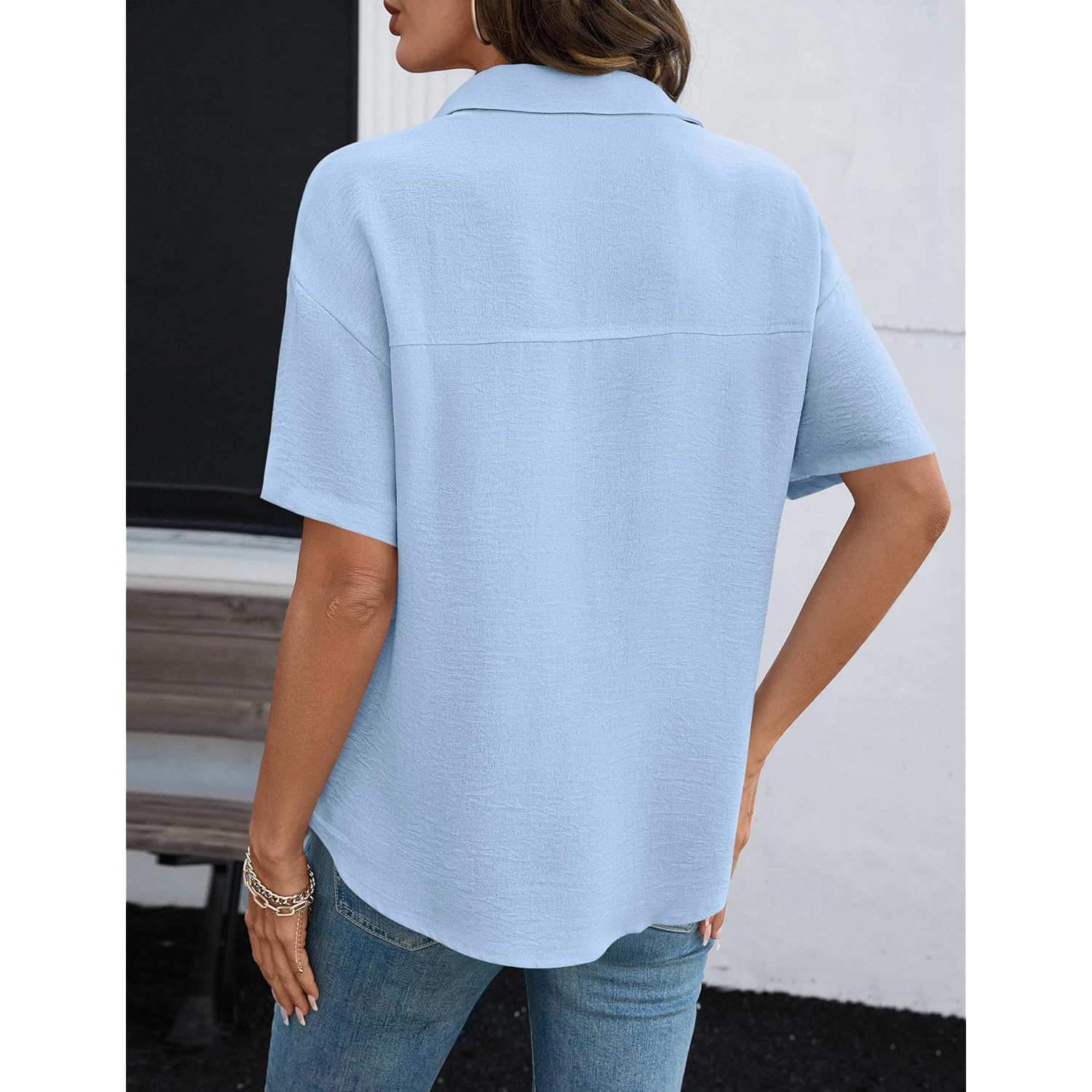 Womens Short Sleeve Button Down Shirts Casual V Neck Collared Blouses Work Tops