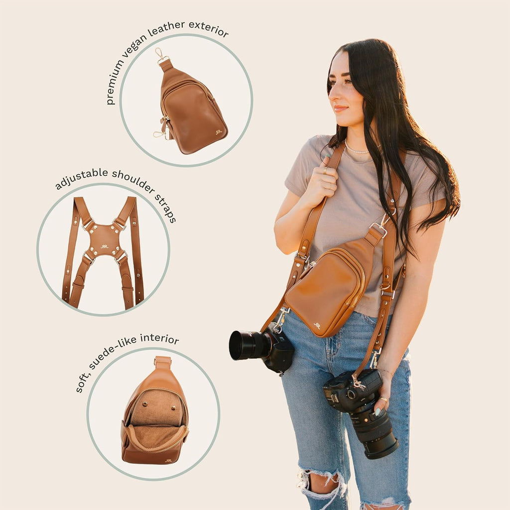 Ruby+Rae The Duo Camera Harness & Crossbody Bag, Camera Harness With Removable Crossbody Bag, Vegan Leather, Suede Interior