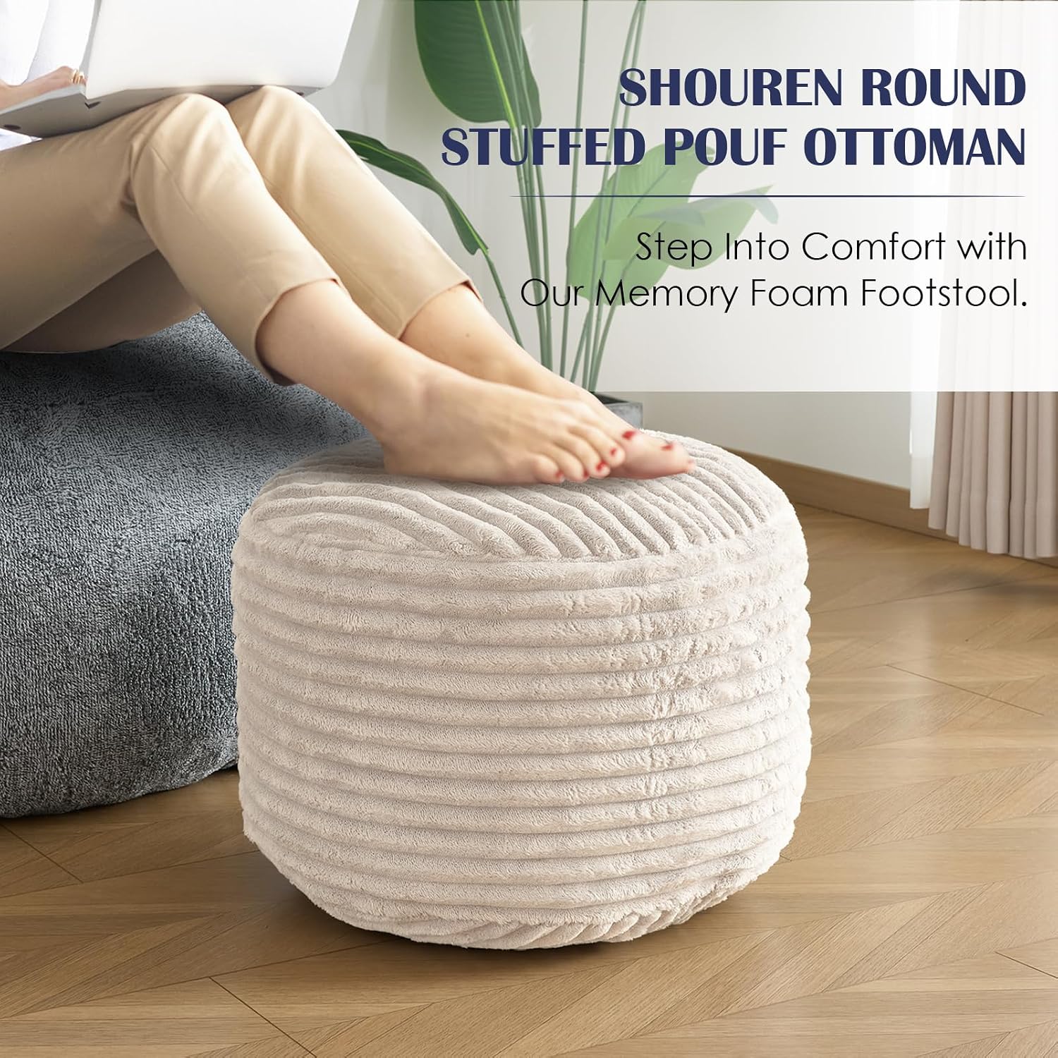 Stuffed Round Ottoman,Corduroy Pouf Ottoman Foot Rest,18 X 14 In,Beige | Memory Foam Filling,Pouf Storage Ottoman Footstool For Living Room,18 X 14 Floor Poufs For Couch,Footrest Only
