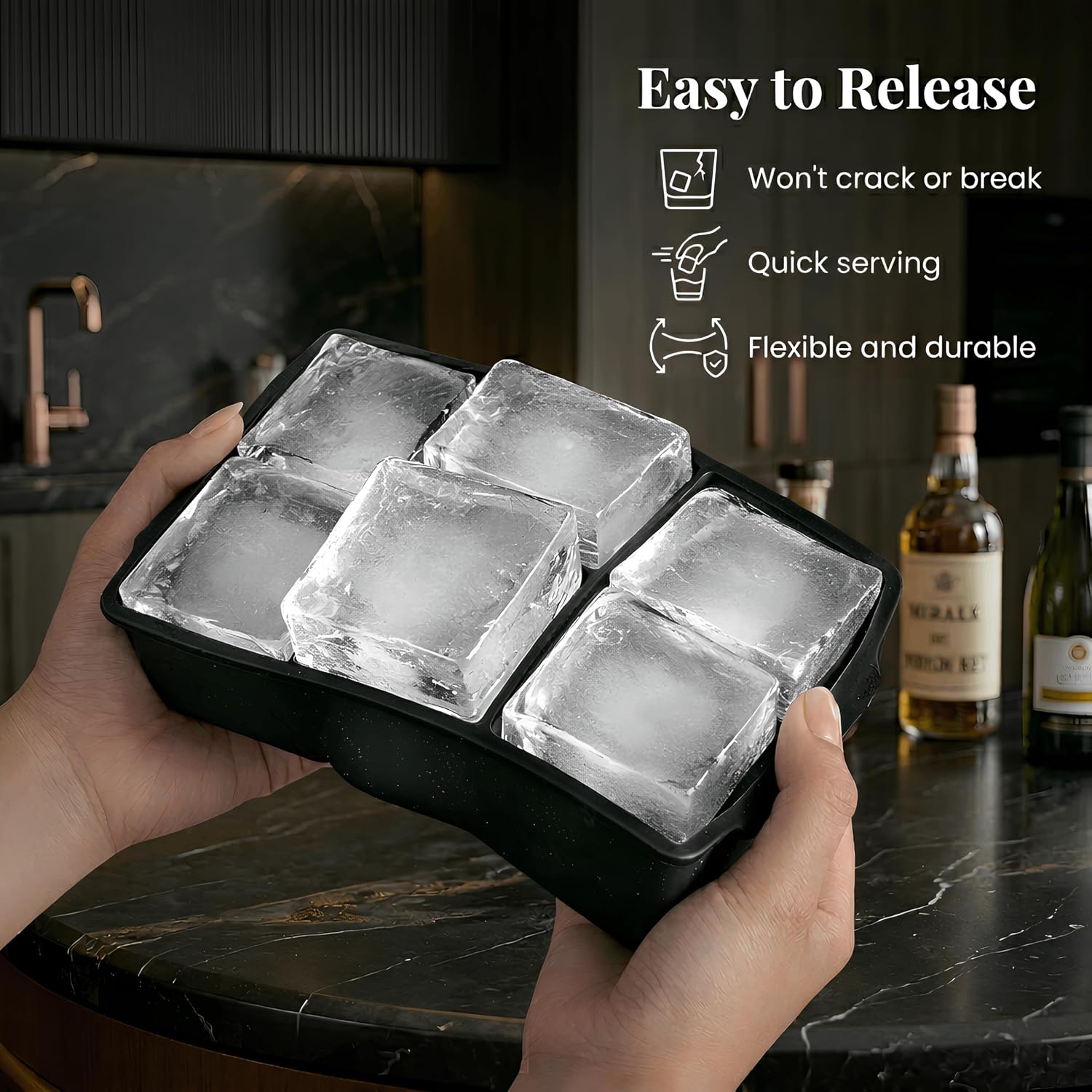 Kitchfort® Large Silicone Ice Cube Tray (2-Pack), Easy Release 2" Big Ice Cubes - Cocktail, Whiskey Ice Cubes Mold - Ice Trays For Freezer With Lid - Stackable Silicone Ice Tray - Black