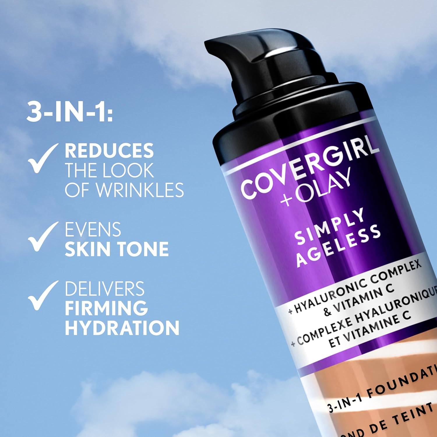 COVERGIRL & Olay Simply Ageless 3-in-1 Liquid Foundation, Matte Finish, Hyaluronic & Vitamin C Formula, 220 Creamy Natural, 1 Count