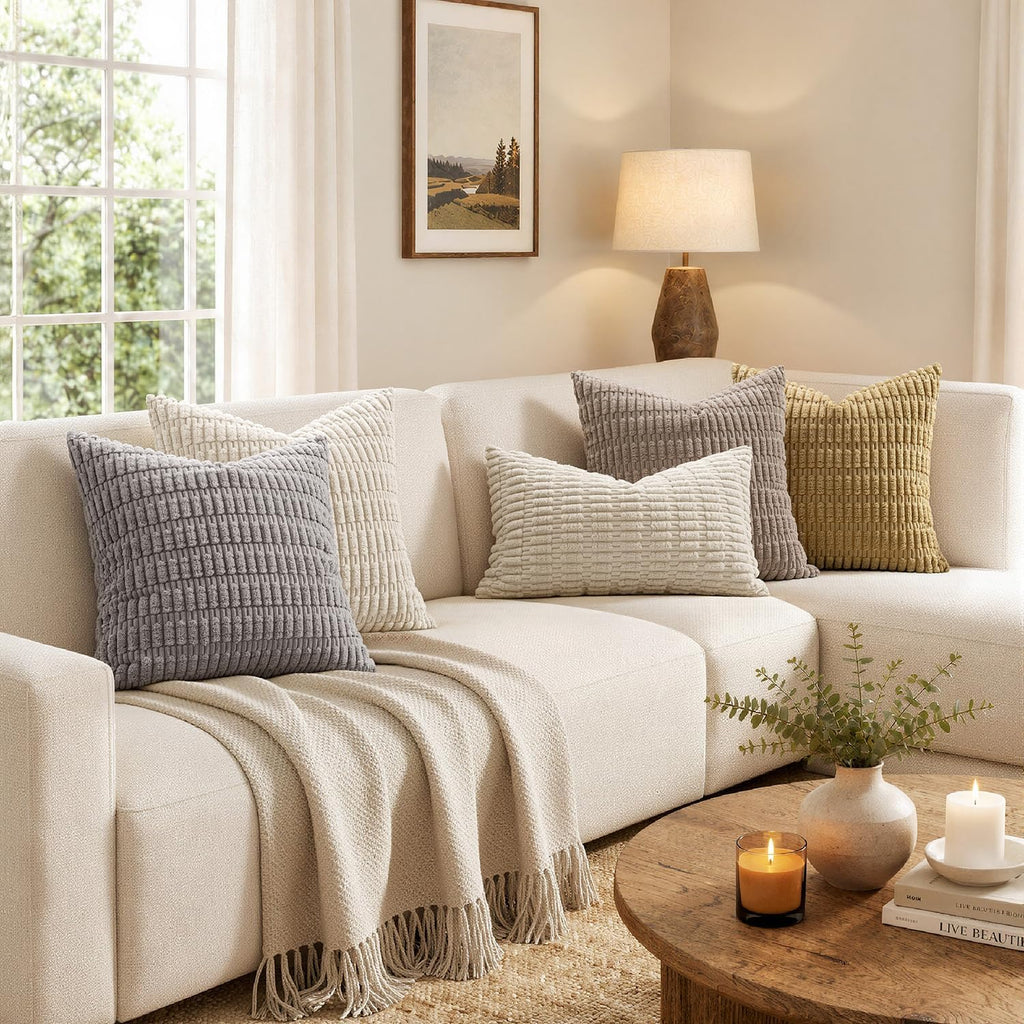 Miulee Pack Of 2 Corduroy Decorative Throw Pillow Covers 18X18 Inch Soft Boho Striped Pillow Covers Modern Farmhouse Home Decor For Sofa Living Room Couch Bed Cream White