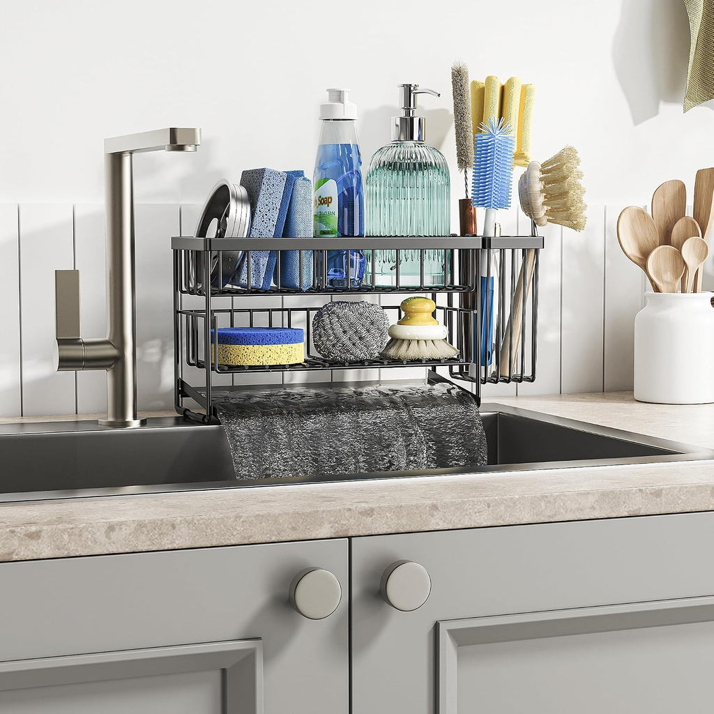 2-Tier Kitchen Sink Caddy Organzier Rack With Dish Brush Sponge Holder | Kitchen Sink Countertop Organization Storage,Home Decor Accessories Essentials Stainless Steel