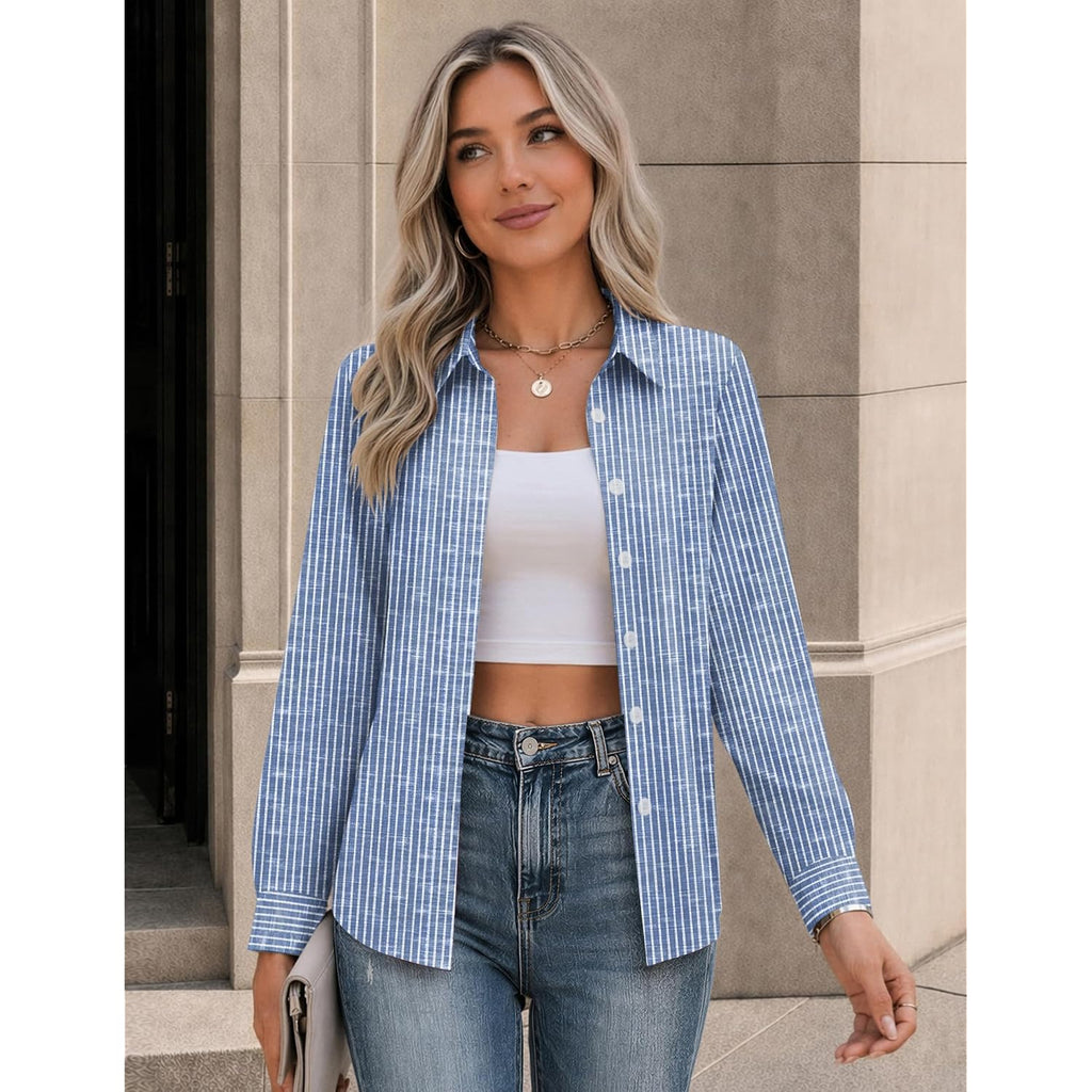 Zeagoo Button Down Shirts For Women Long Sleeve Tops Striped Solid Blouses | Collared V Neck Shirts Button Up Shirt Dressy Casual Blouses Cute Summer Fall Fashion Clothes Office Work Tops Spring Outfits