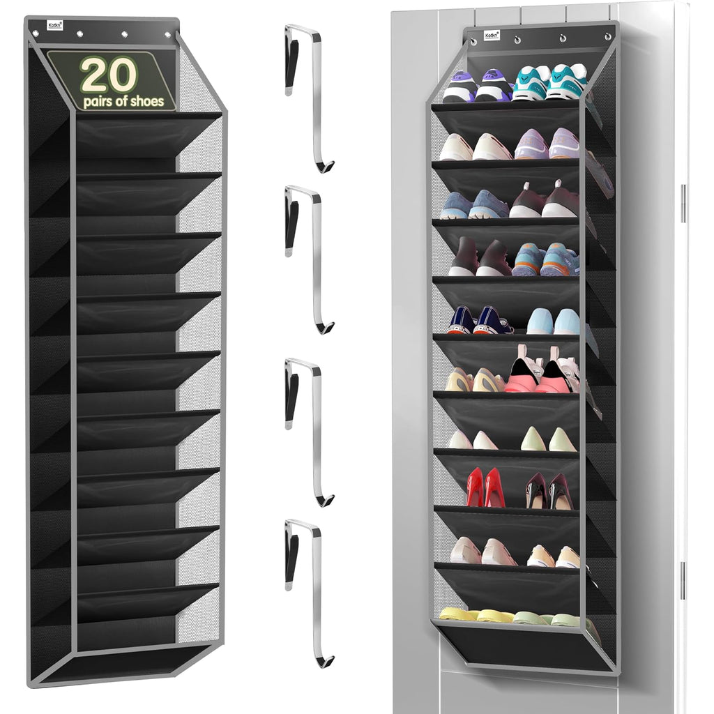 Kotkn 10 Tier Over The Door Organizer - Heavy Duty Hanging Storage Rack With Sturdy Oxford Fabric, Holds 20+ Pairs Of Footwear, Boots & Sneakers, Saves 50% Closet Space (Black)