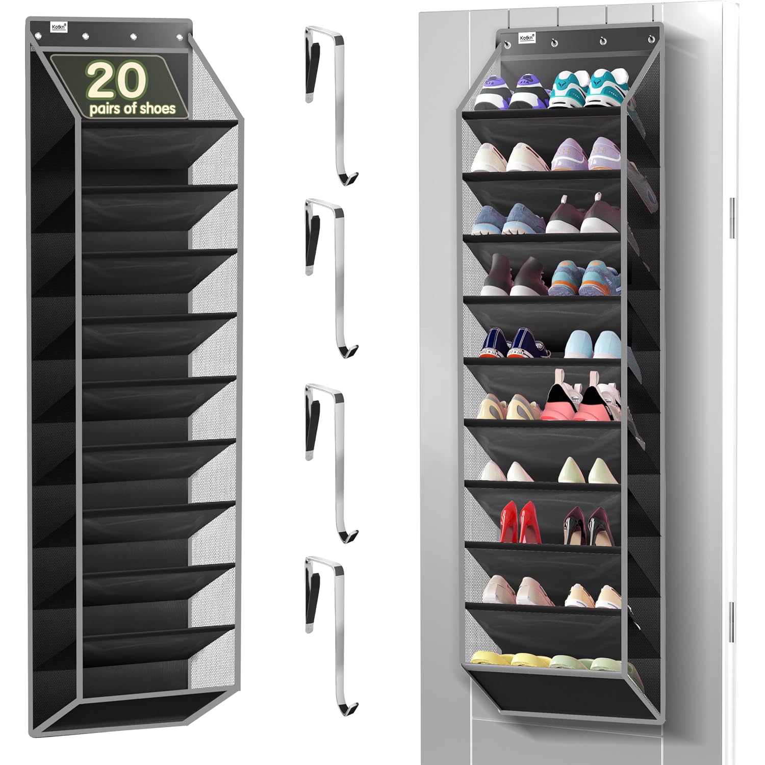 Kotkn 10 Tier Over The Door Organizer - Heavy Duty Hanging Storage Rack With Sturdy Oxford Fabric, Holds 20+ Pairs Of Footwear, Boots & Sneakers, Saves 50% Closet Space (Black)