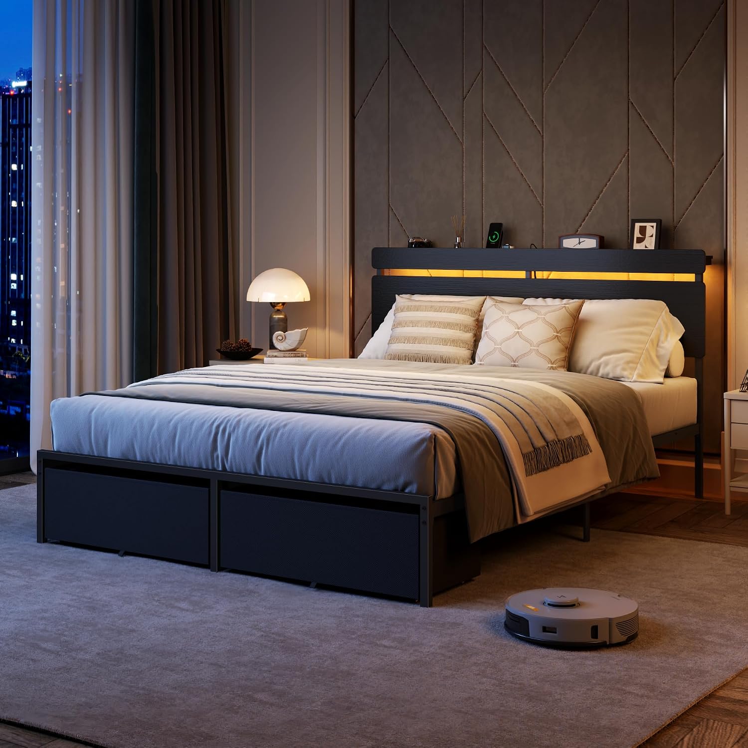 Forestell Queen Bed Frame With Wood Headboard, Black Platform Bed With 2 Storage Drawers & Shelf, Built-In Charging Station & Led Lights, Metal Support, No Box Spring Needed, Cama Queen Size