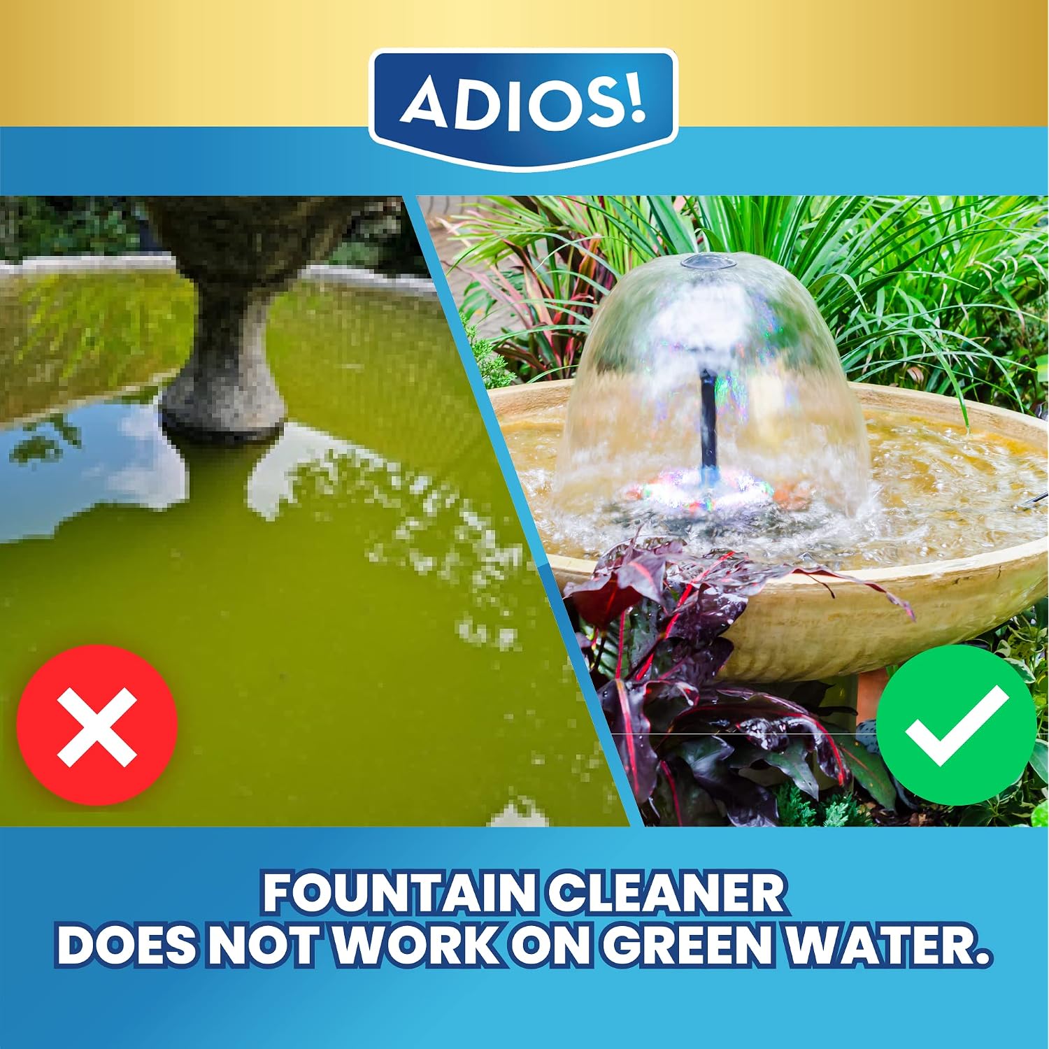 Adios! Fountain Cleaner And Clarifier, Outdoor And Indoor Treatment (16Oz) | Natural And Safe For Birds, Clears And Treats Water, Cleans Waterfalls And Water Features, Approved For Stone And Metal