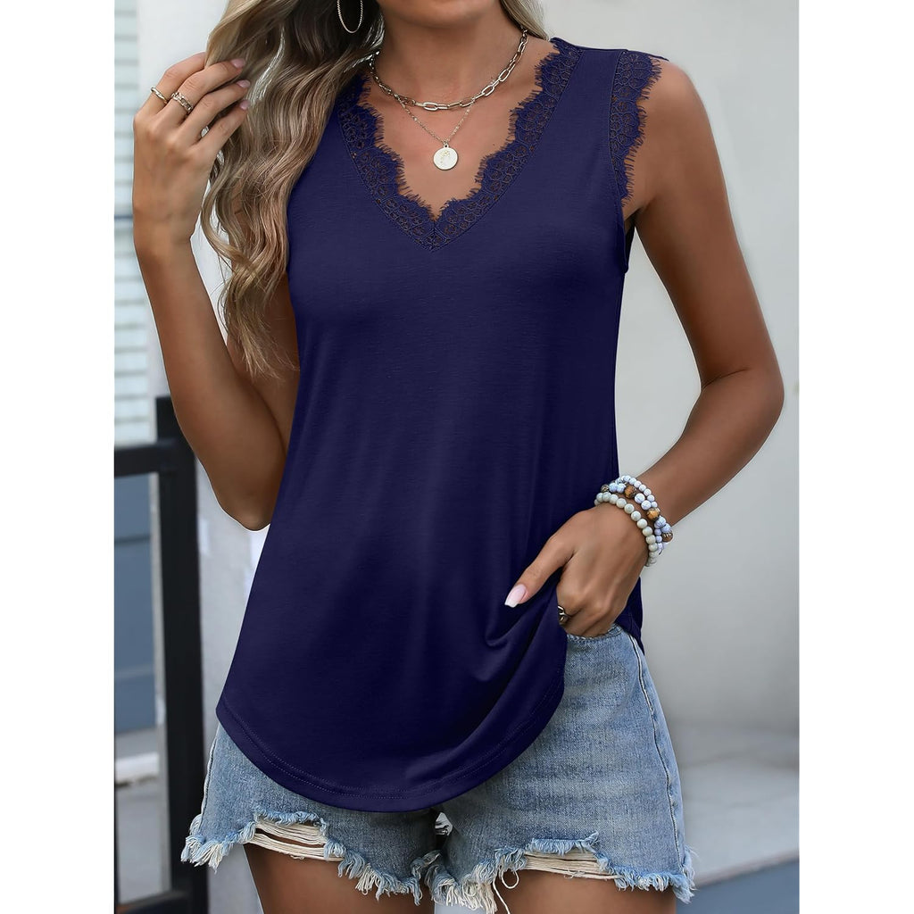 Womens Lace Trim Tank Tops V Neck Sleeveless Shirts 2026 Summer Casual Trendy Dressy Cami Top