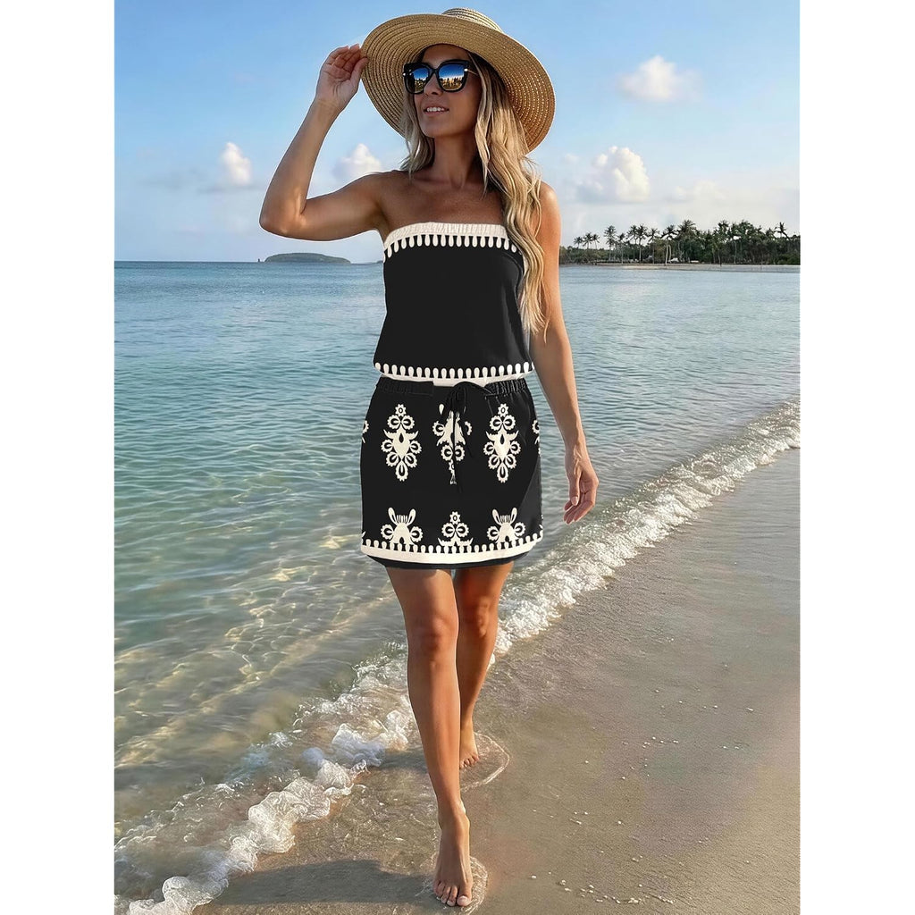 Saukole Summer Dress For Women Strapless Beach Cover Ups Boho Sundress Mini Dress Drawstring Waist With Pockets