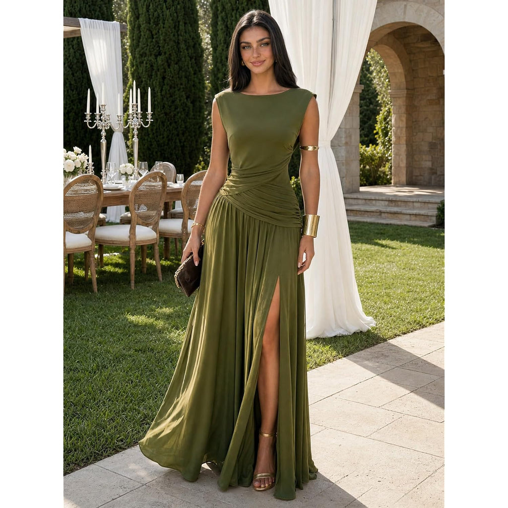 Athena Women'S Convertible Cowl Neck Sleeveless Slit Maxi Dress | Front Or Back Styling, Waist Shaping, Soft Stretch Fabric, And Easy Movement For Bridesmaids, Weddings And Parties.