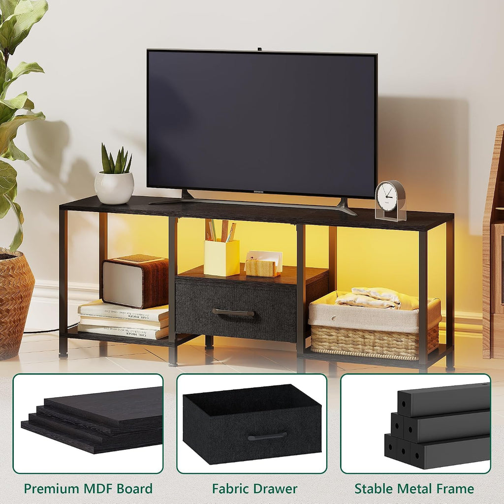 Tv Stand With Led Lights, Entertainment Center With Open Shelves And Fabric Drawer, Media Console For 55 Inch Tv, Television Stands For Living Room, Bedroom, Black