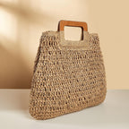 Straw Tote Bag With Natural Wooden Handle, Women Hobo Woven Handbag For Slouchy Charm, Summer Beach Travel Accessory