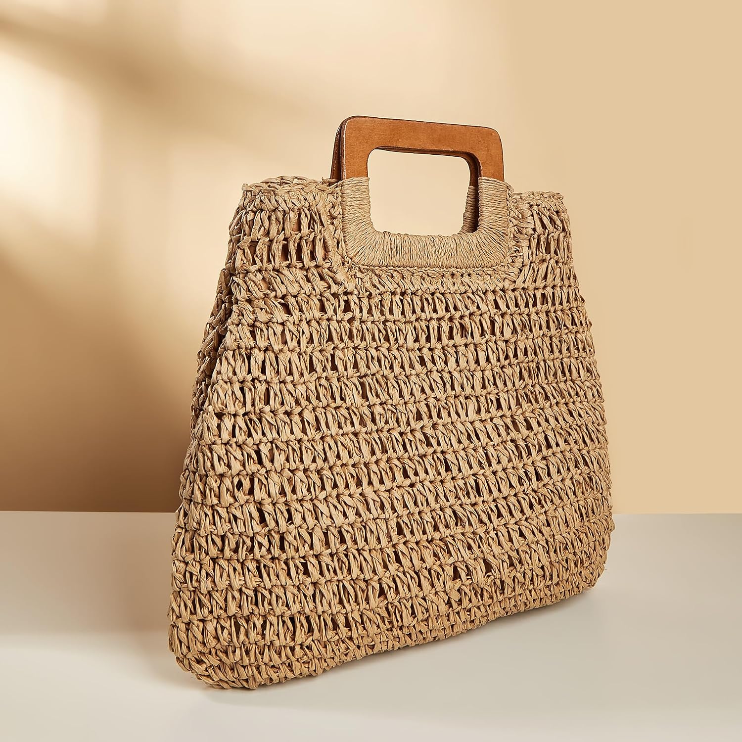 Straw Tote Bag With Natural Wooden Handle, Women Hobo Woven Handbag For Slouchy Charm, Summer Beach Travel Accessory