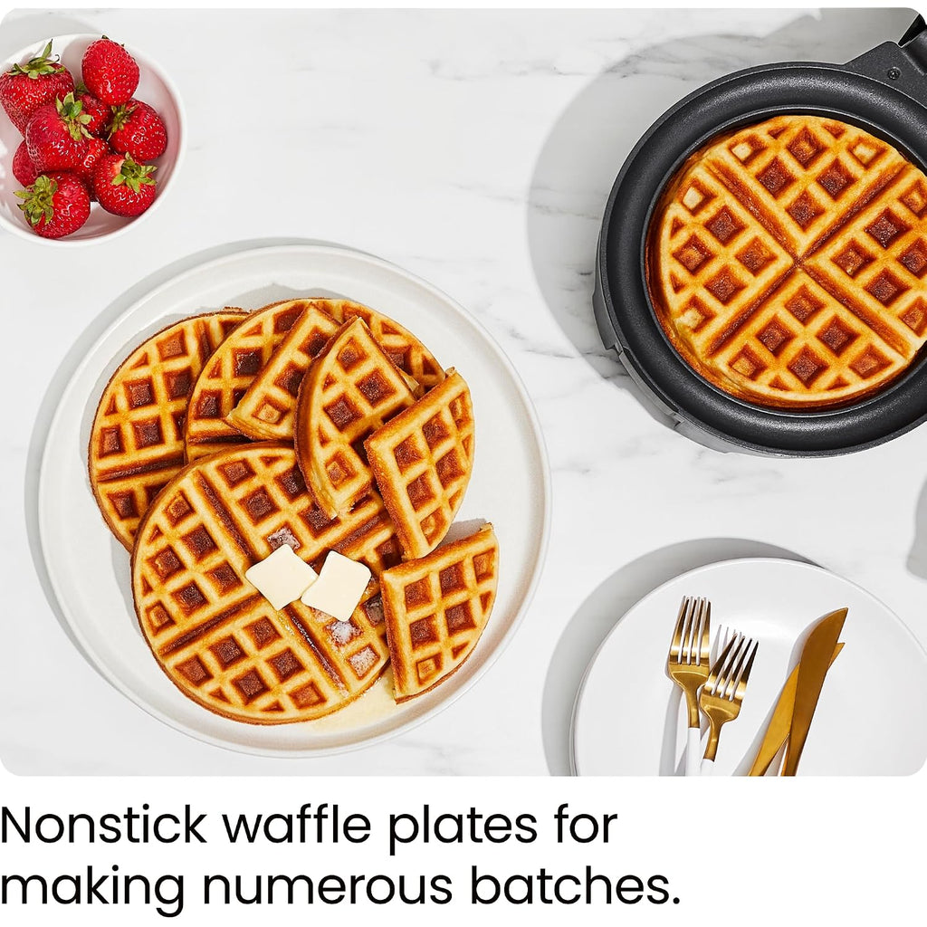 Chefman Anti-Overflow Belgian Waffle Maker W/Shade Selector, Temperature Control, Mess Free Moat, Round Iron W/Nonstick Plates & Cool Touch Handle, Measuring Cup Included, Black
