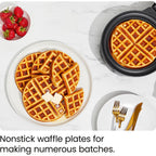 Chefman Anti-Overflow Belgian Waffle Maker W/Shade Selector, Temperature Control, Mess Free Moat, Round Iron W/Nonstick Plates & Cool Touch Handle, Measuring Cup Included, Black