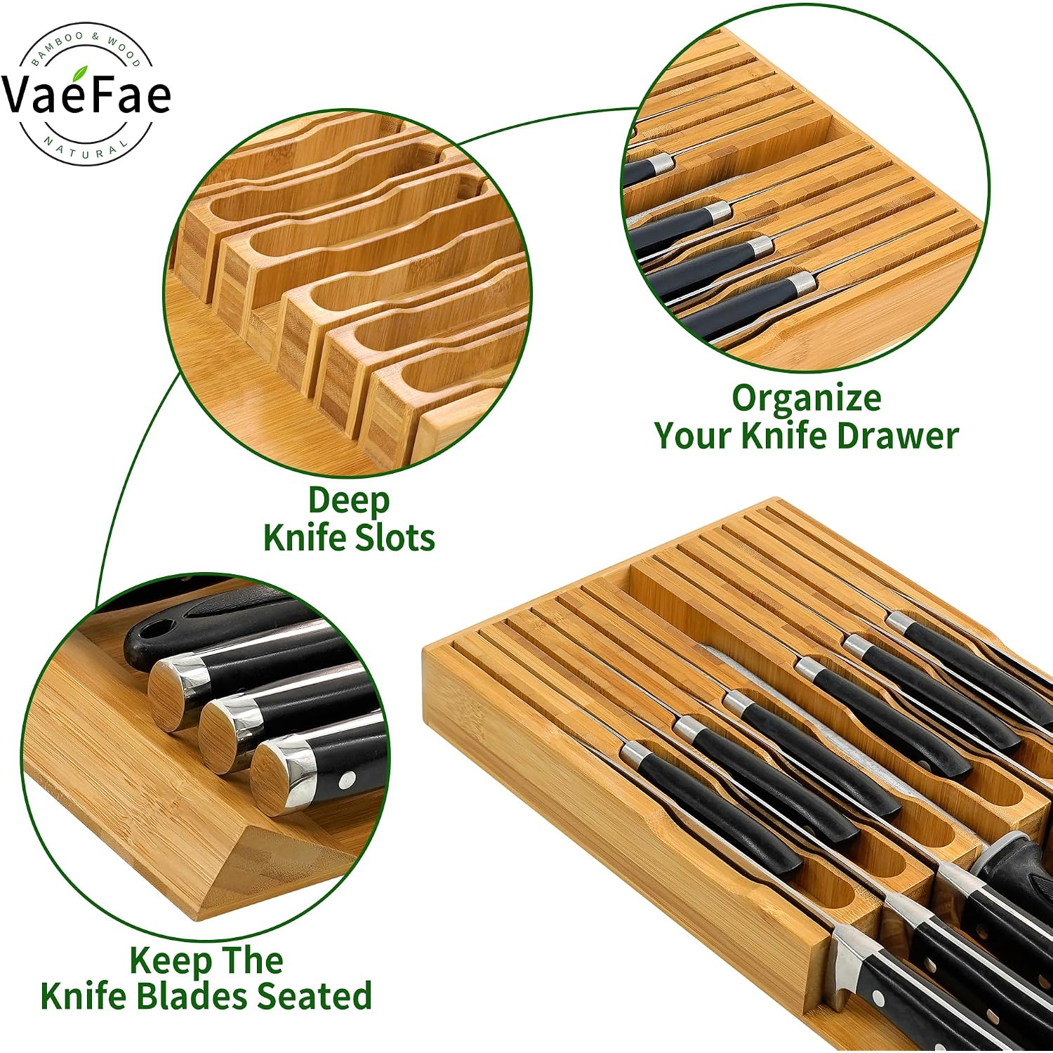 Vaefae Bamboo Knife Drawer Organizer, Knife Drawer Organizer Insert, Kitchen Drawer Knife Block For 12 Knives And A Plus Slot For Your Knife Sharpener (Without Knives)