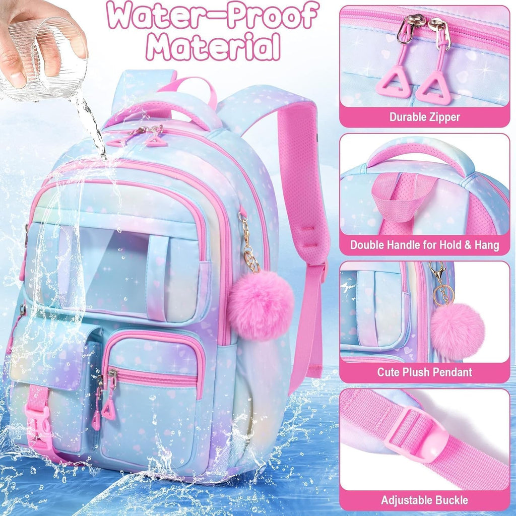Fimibuke Kids Backpack For School Girls, Waterproof Backpack W/Lunch Box | 3Pcs Lightweight Kids Galaxy Bookbag W/ Lunch Box Combo Set, Cute Backpack For Girls Ages 6+ Elementary Middle School Teens