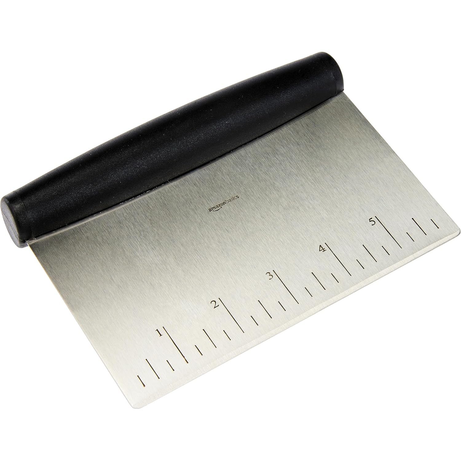 Amazon Basics Multi-Purpose Bench Scraper, Stainless Steel Dough Cutter With Measurement Marks, Dishwasher Safe, Non-Slip Contoured Grip, 6", Black, Silver