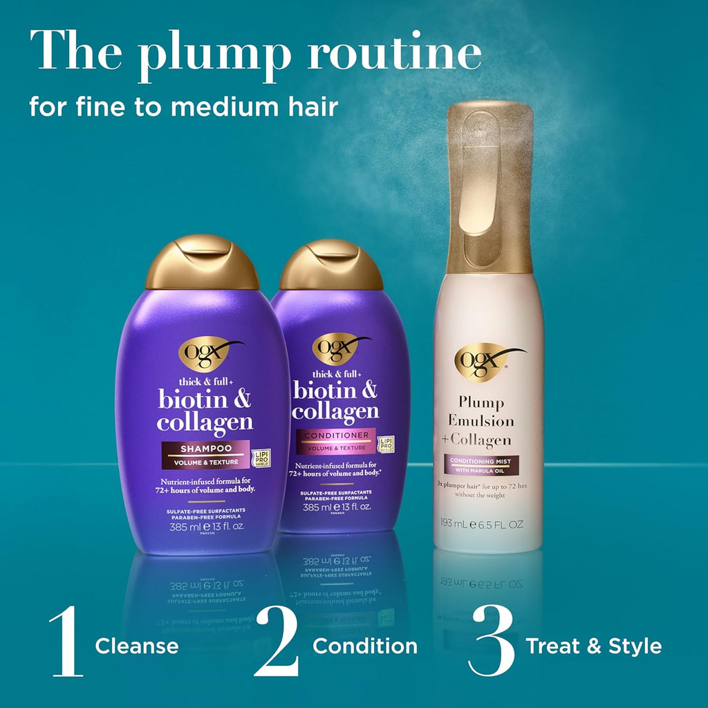 OGX Thick & Full + Biotin and Collagen for Hair Volume & Body, Sulfate Free Volumizing Shampoo & Conditioner Set for Fine & Thinning Hair, Nutrient-Infused, Vitamin B7, 13 fl oz, 2 Pack
