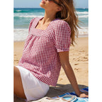 EVALESS Tops for Women Short Sleeve Tunic Blouse Square Neck Gingham Tops Cotton Blend Plaid Shirt Cute Checkered Shirt