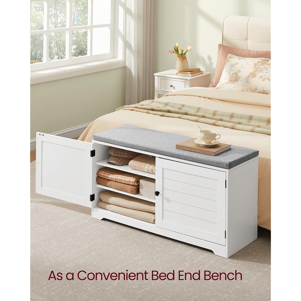 Vasagle Shoe Storage Bench With Cushion, 3-Tier Entryway Bench With Padded Seat, Doors, Adjustable Shelves, 14 X 39.8 X 20.7 Inches, For Hallway, Bedroom, Cloud White And Dove Gray Ulsb044W01