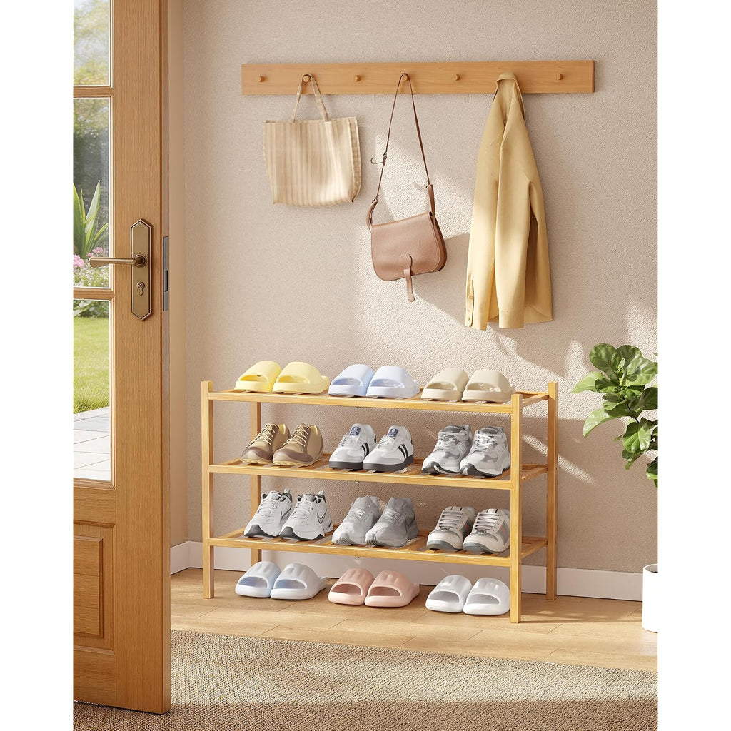 Kitsure Bamboo Wooden Shoe Rack For Closet - Stackable Shoe Organizer With Modular Structure, Space-Saving Shoe Shelf For Entryway, Living Room, Bedroom, 26.8" X 11" X 18.9", Natural