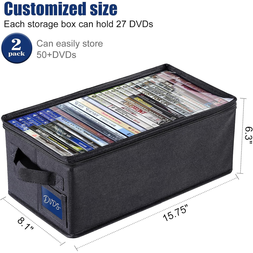 Ccidea Dvd Storage Box With Clear Window - 15.75" Foldable Media Organizer, Premium Zipper Closure, Holds 27+ Dvds, Dustproof Non-Woven Fabric, Reinforced Handles & Label Slot (2)