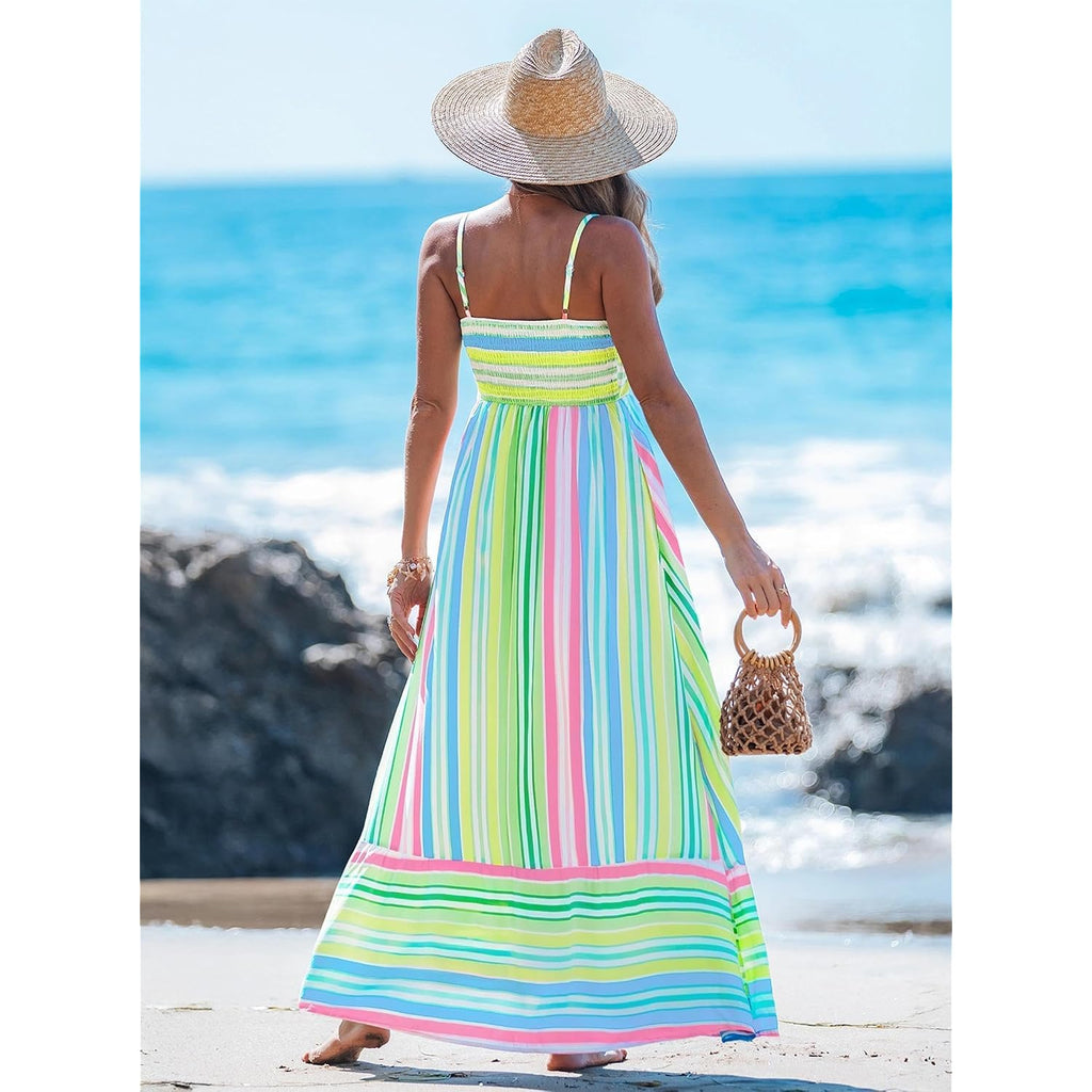 Popvil Women Summer Maxi Dress 2026 Spaghetti Strap Long Beach Dress Boho A-Line Flowy Casual Sleeveless Sun Dress
