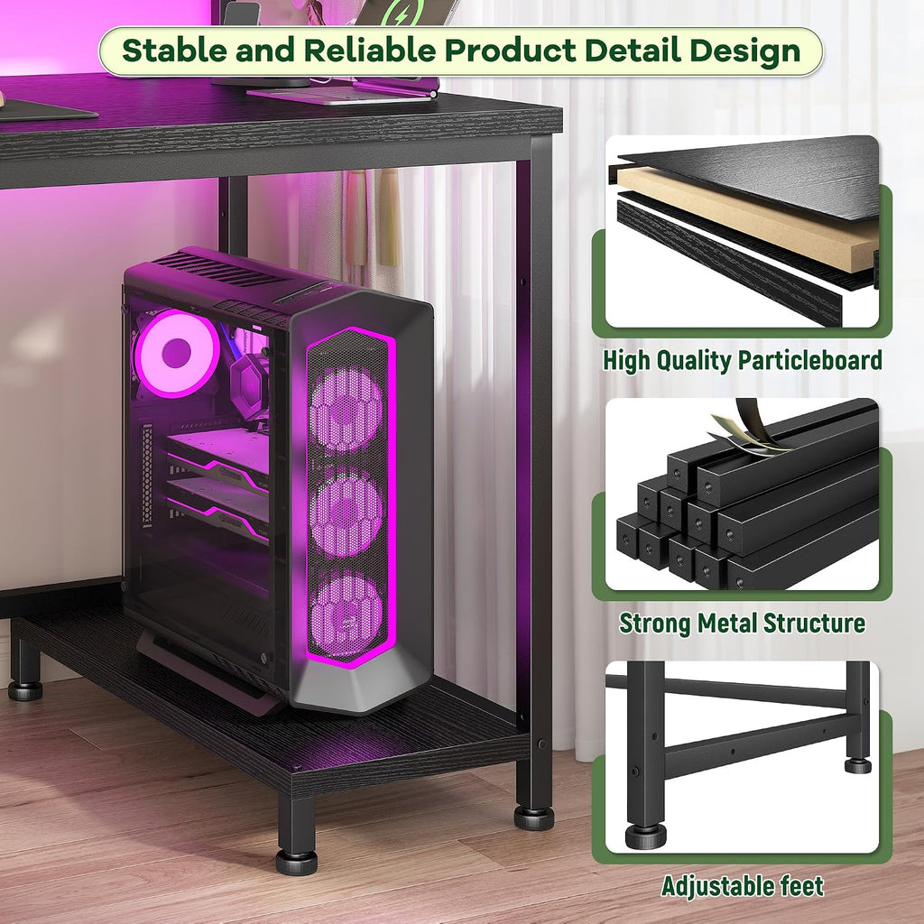 39.3" Gaming Desk With Power Outlet And Led Lights,Bedroom,Black | Computer Desk With Adjutable Monitor Stand,Fabric Drawer,Office Desk With Cpu Stand, Home Work,Study And Gaming,Small Spaces