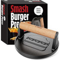 Smash Burger Press, Pre-Seasoned Cast Iron Hamburger Smasher, 2 Lb Heavy-Duty Grill Bacon Meat Press Tool With Wood Handle, 6.6”