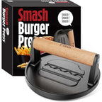 Smash Burger Press, Pre-Seasoned Cast Iron Hamburger Smasher, 2 Lb Heavy-Duty Grill Bacon Meat Press Tool With Wood Handle, 6.6”