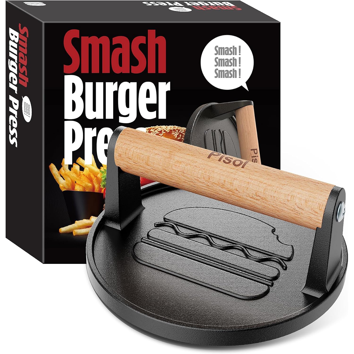 Smash Burger Press, Pre-Seasoned Cast Iron Hamburger Smasher, 2 Lb Heavy-Duty Grill Bacon Meat Press Tool With Wood Handle, 6.6”