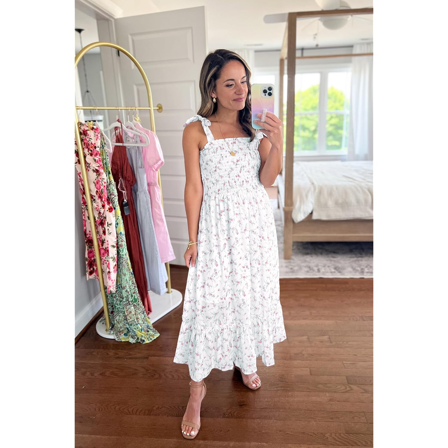 Imily Bela Womens Summer Floral Maxi Dress Boho Tie Strap Sleeveless Smocked A Line Beach Sundress Long Dresses