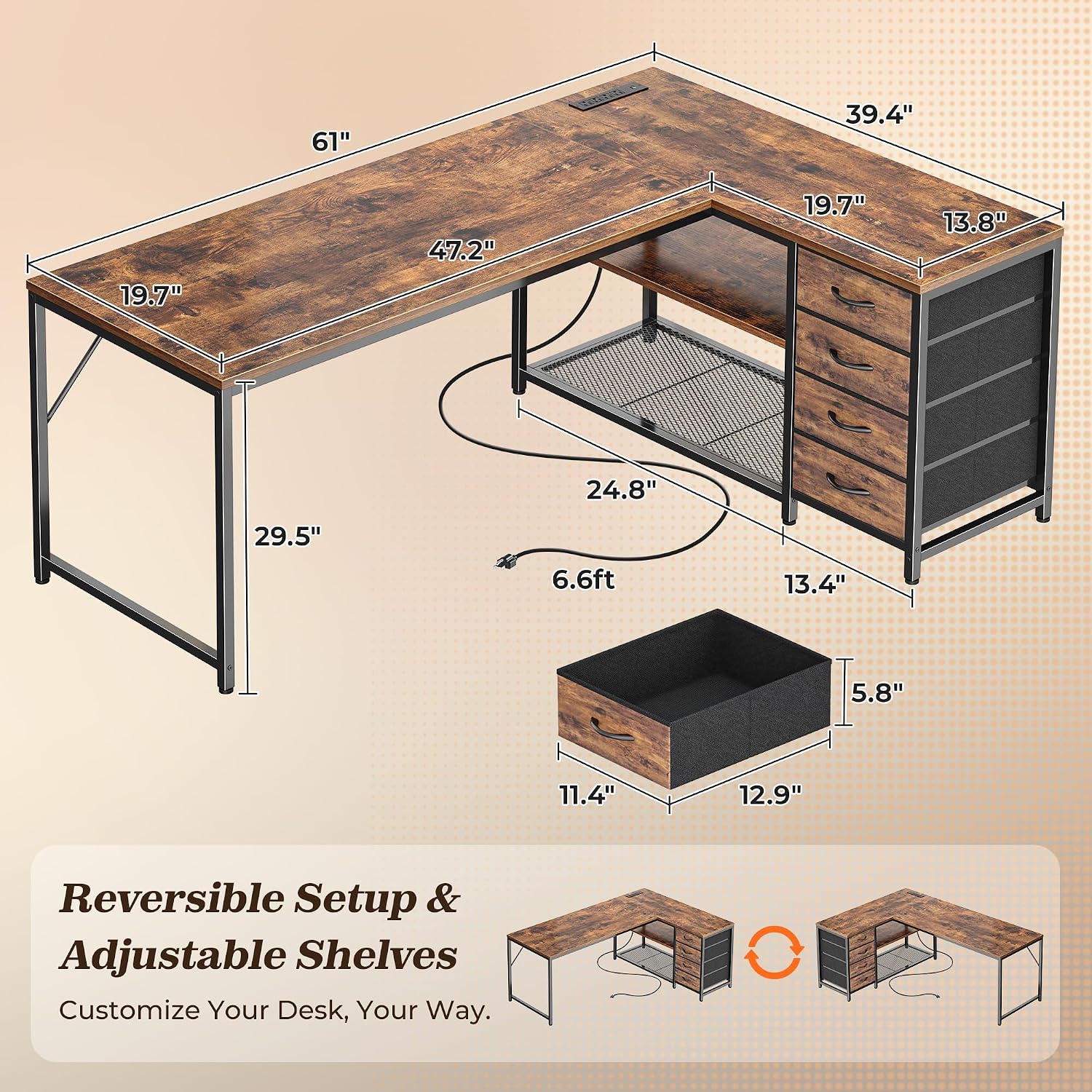 61" L Shaped Desk With Power Outlets & Usb-C Port, Reversible Computer Corner Office Desk With 4 Fabric Drawers And 2 Storage Shelves, Large Desk For Gaming Writing Study, Rustic Brown