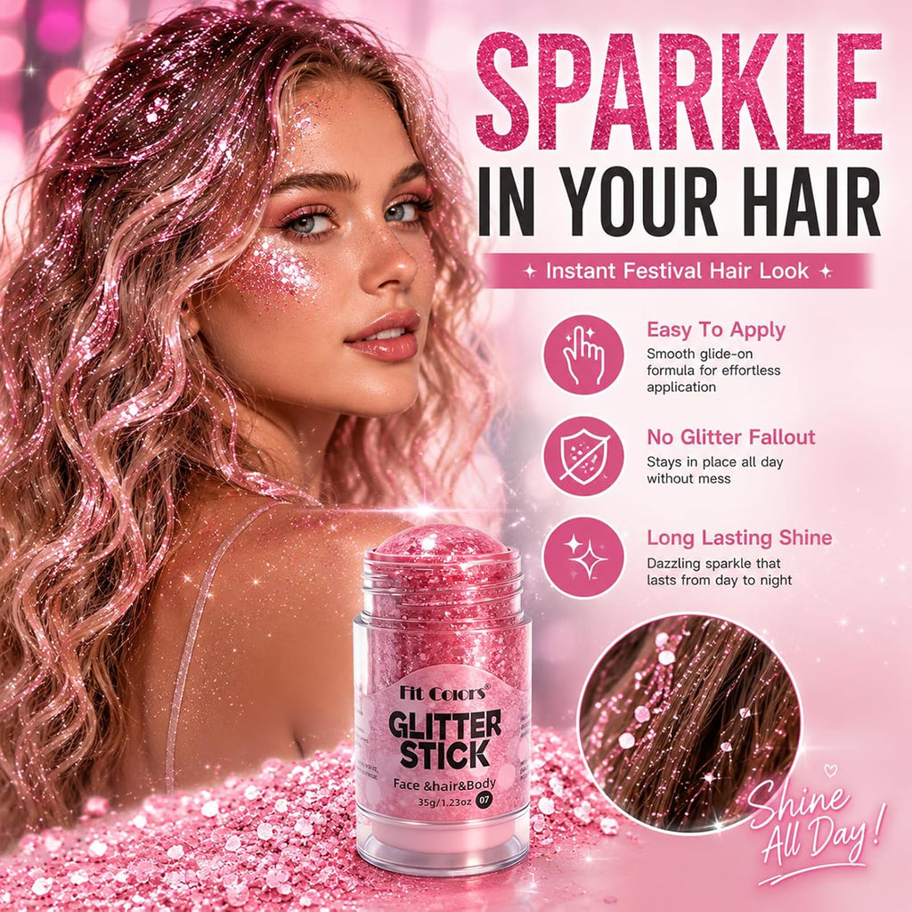 Pink Body Glitter Stick,Sparkling Face Hair Glitter Makeup For Women,Waterproof Hair Glitter,Holographic Mermaid Sequins Face Paint Gel Kit For Carnival Singer Concert Festival Rave Outfit Accessories
