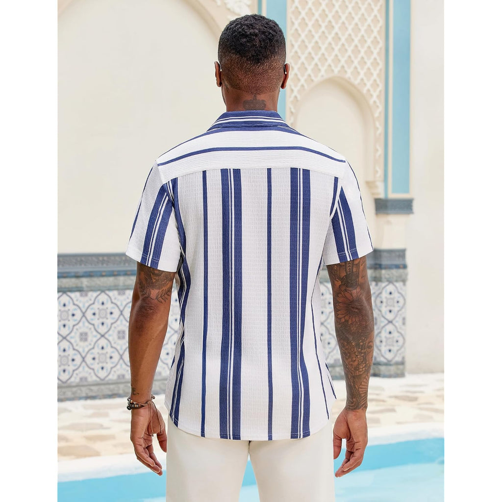 Coofandy Mens Short Sleeve Casual Shirts Button Down Striped Summer Shirts Textured Vacation Beach Shirt
