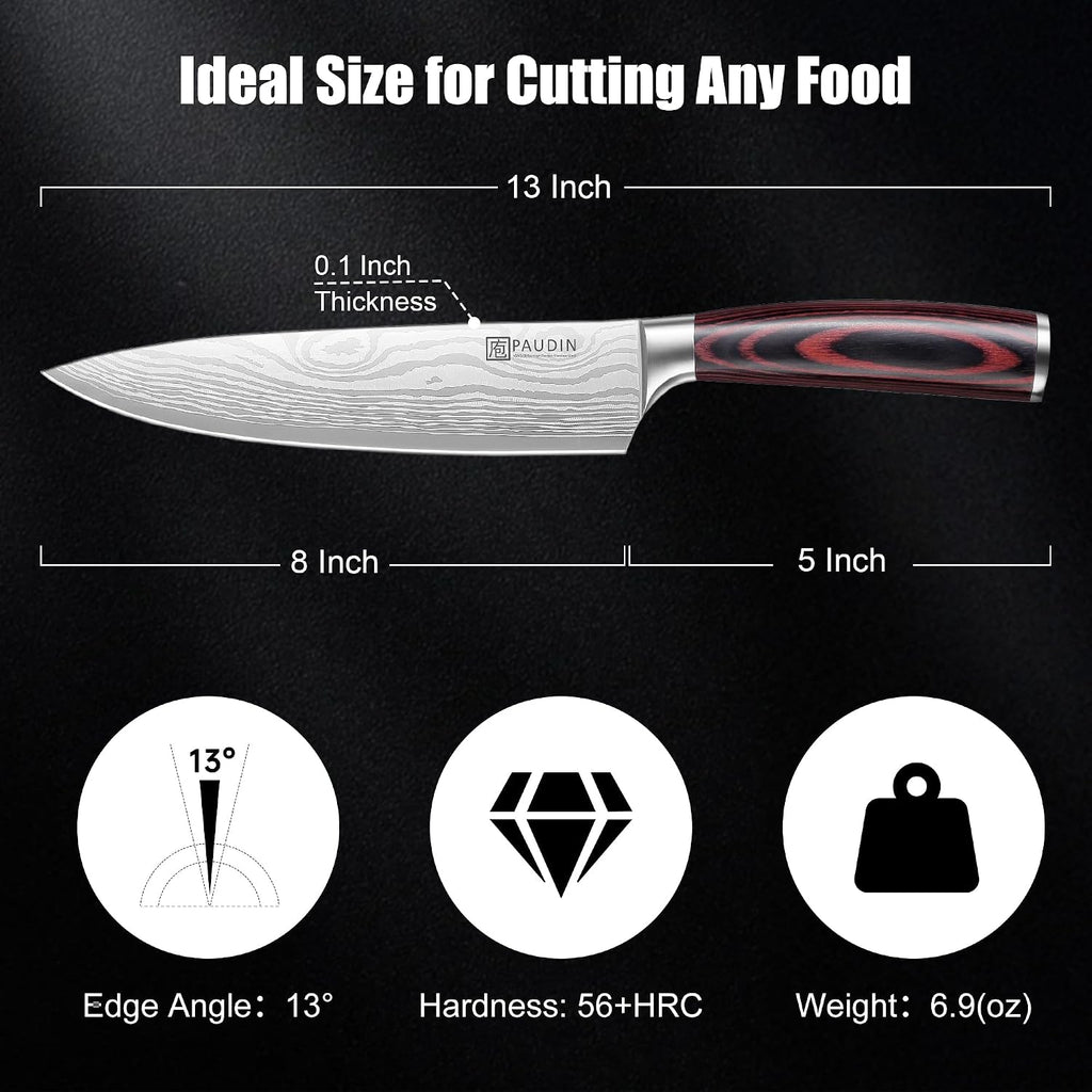 Paudin Chef Knife, 8 Inch High Carbon Stainless Steel Sharp Kitchen Knife With Ergonomic Handle, Gift Box For Family & Restaurant