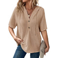 Dokotoo Womens Summer Tops Waffle Knit Short Sleeve Lightweight Drawstring Hoodies Button V Neck Casual Blouses Shirts