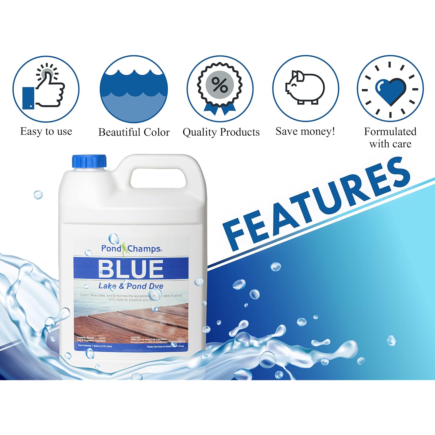 Blue Lake And Pond Dye - One Gallon Of Professional Lake & Pond Dye - Treats Up To 1 Acre - Royal Blue Color - Safe For Fish, Wildlife, Pets & Children